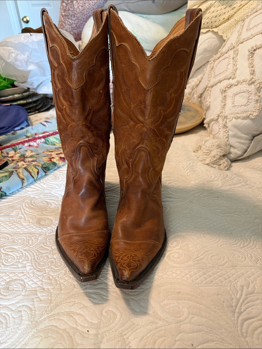 Stetson Brown Leather Embroidered Western Lace-Up Boots
